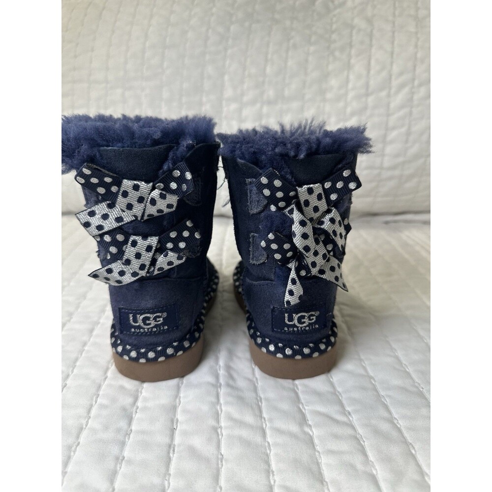 UGG Bailey Bow Boots Toddler Girls 6 Purple Suede Polka Dot Sheepskin Fur - Picture 4 of 13